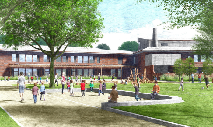 A computer generated image of the proposed design for Deneia Primary Academy, with children and families walking by and playing in an open courtyard surrounded by grass and trees.