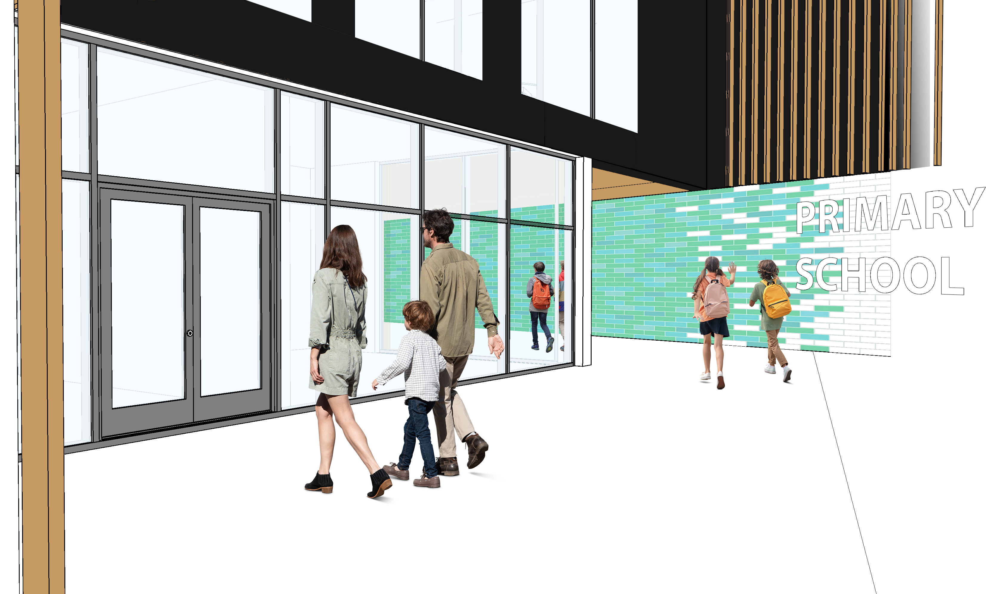 ENTRANCE VIEW UPDATED A drawing of a school entrance which is to be built. Included in the drawing are a man and women walking with a small child who are facing away from the camera. In the background, there are two small children running into a different entrance.